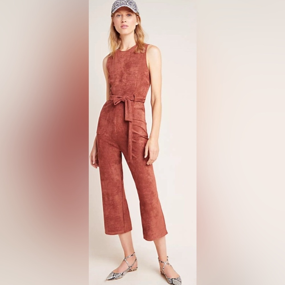 Anthropologie Faux Suede Belted Jumpsuit in Cedar Size Medium EUC